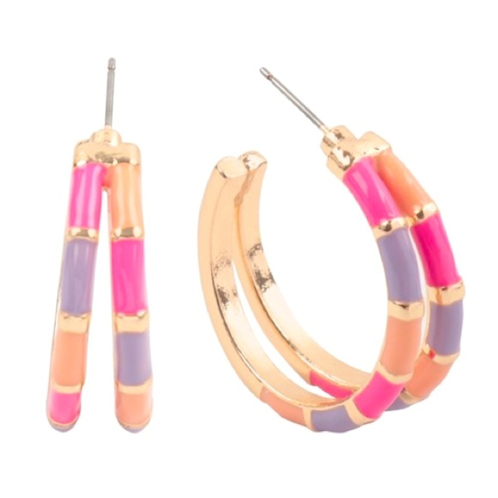 GOLD PLATED MEDIUM SIZED DUSTY PINK COLOR BLOCK HOOP EARRINGS